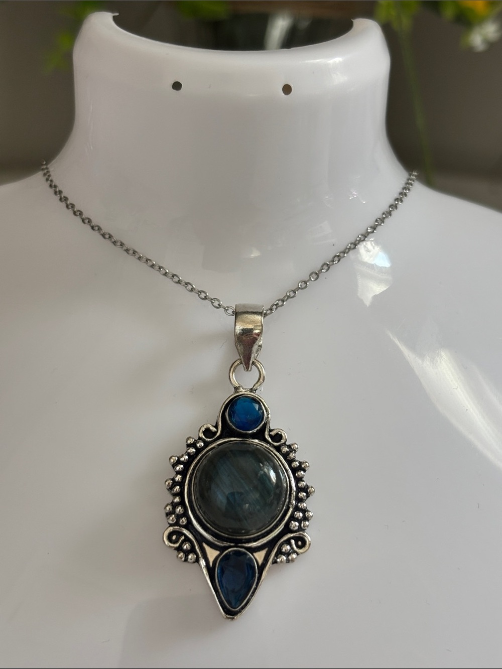 Silver Blue Labradorite & Tanzanite Gemstone Pendant Necklace